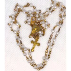 Italian-Made 16" Rosary With Gold-Tone Chain & Faux Pearls Featuring Virgin Mary